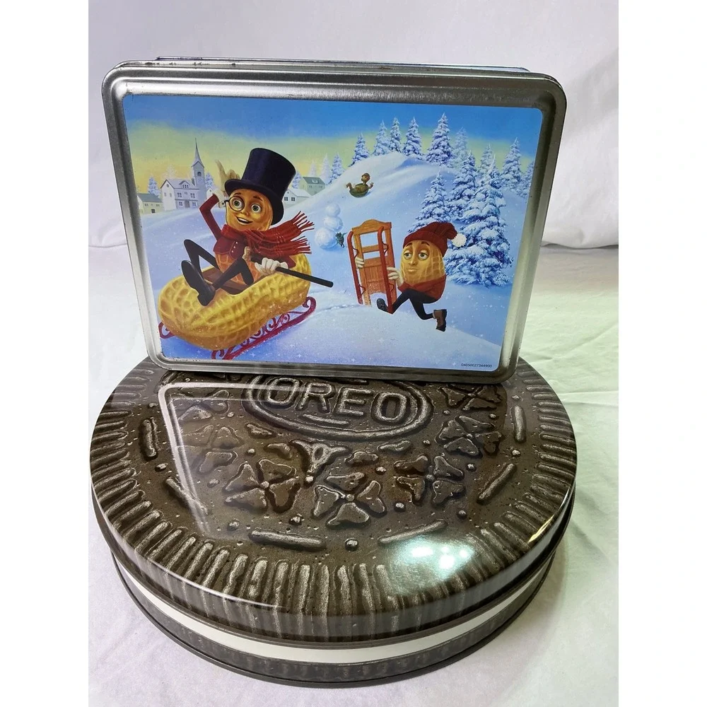 Vintage 1993 Oreo Cookie & Planters Peanuts Holiday Metal Tin Set of 2
